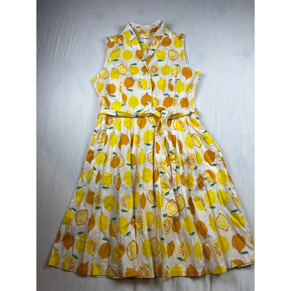 LA Soul Womens Lemon Citrus Print Sleeveless Button Front Belted Midi Dress XL